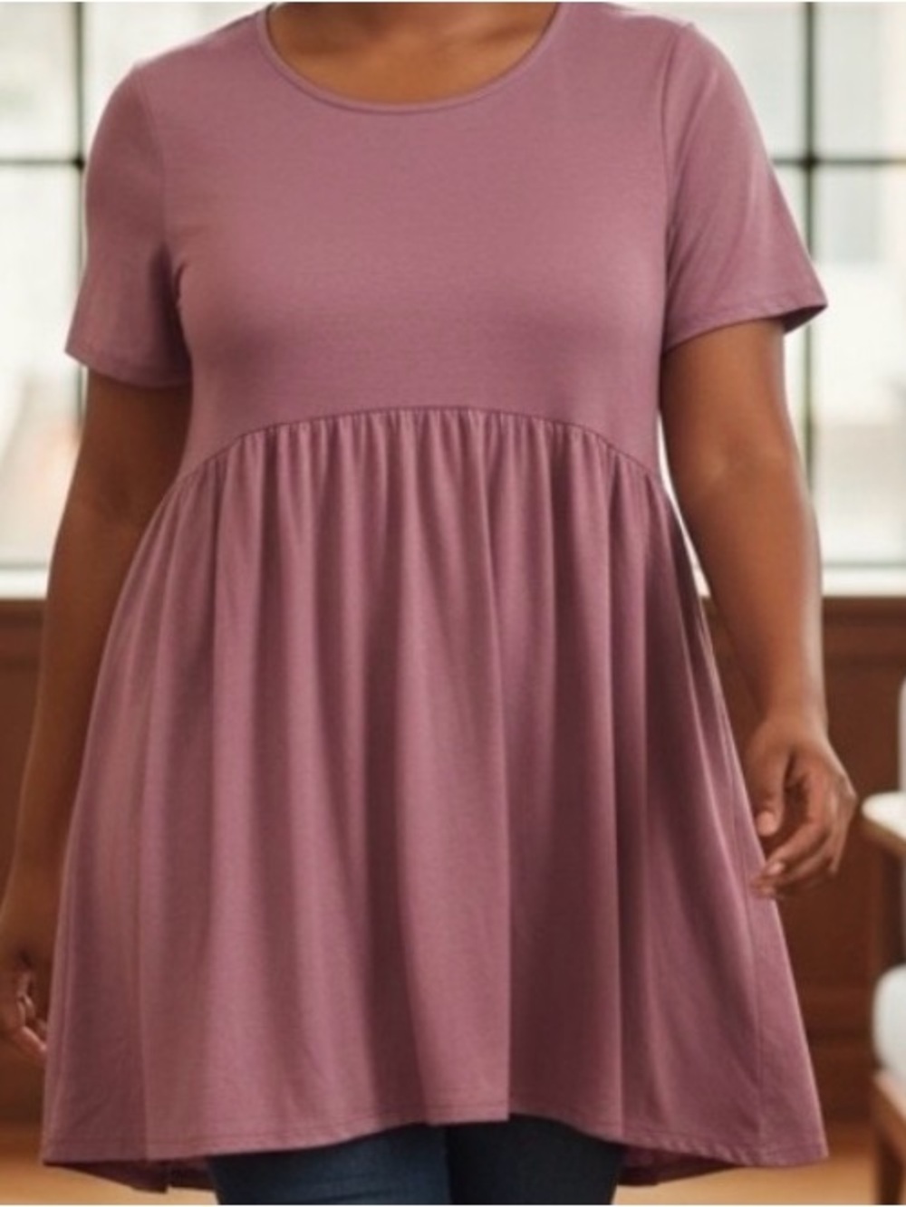 Zenana Outfitters Dusty Mauve Short Sleeve Babydoll Tunic 1XL - Picture 1 of 4